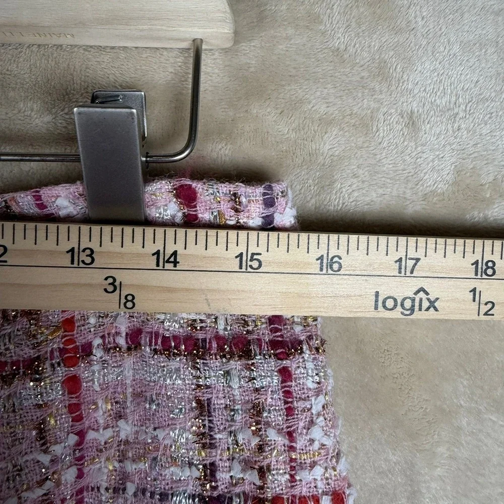 Rickie‎ Freeman Teri Jon Pink Tweed Wool Blend Plaid Fringe Bow Pencil Skirt 10